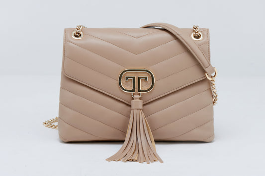 Beige Quilted Crossbody Bag with Gold Chain