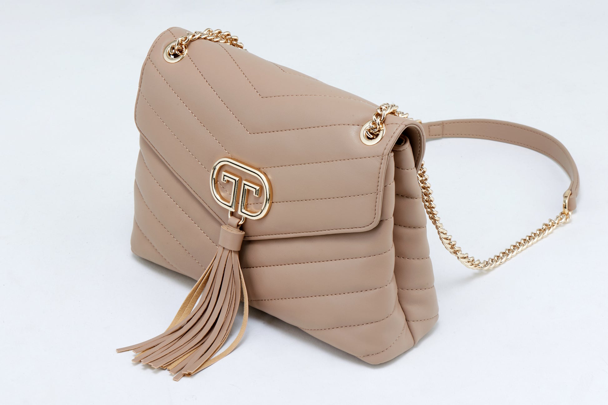 Beige Quilted Crossbody Bag with Gold Chain