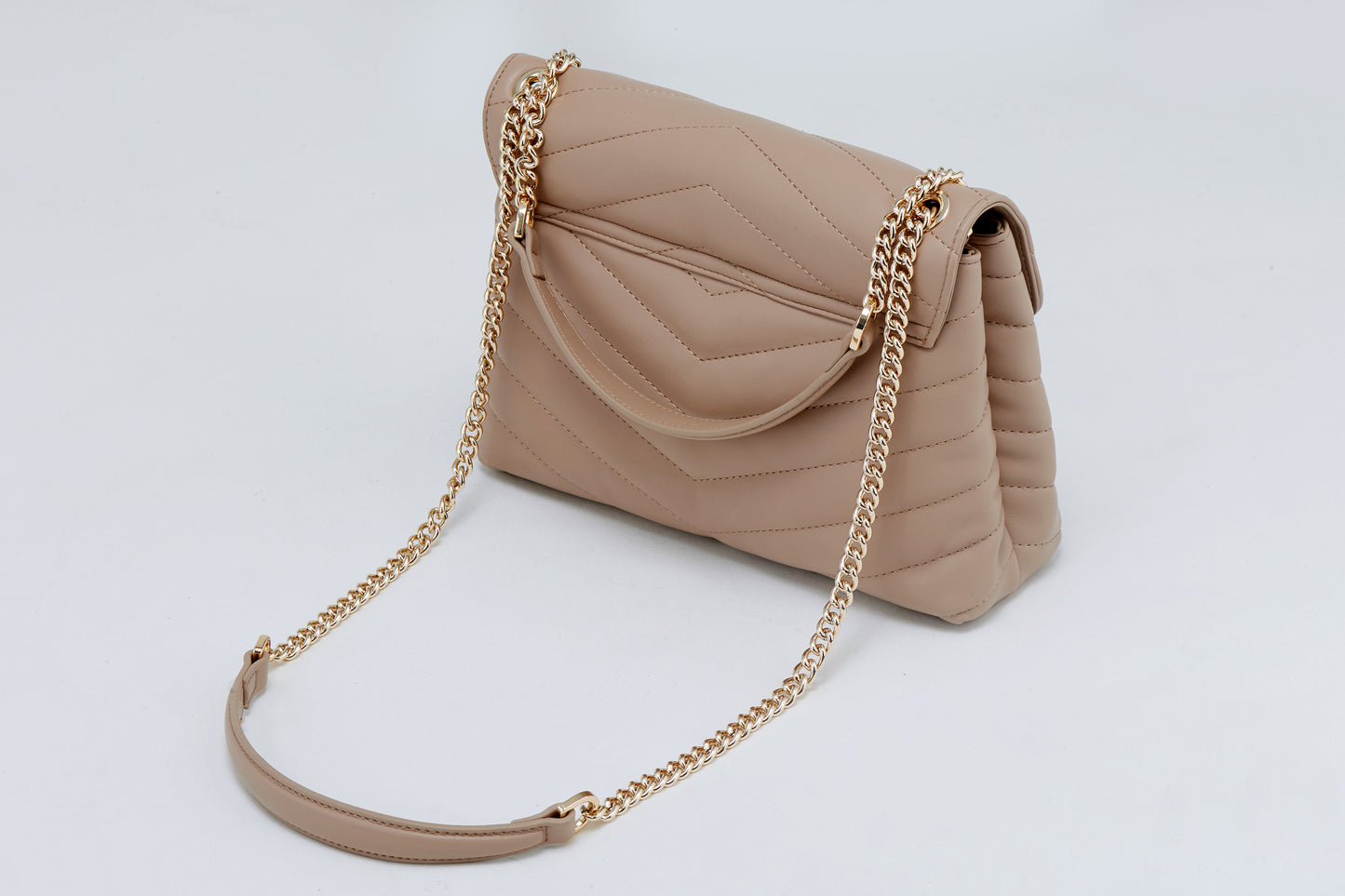 Beige Quilted Crossbody Bag with Gold Chain