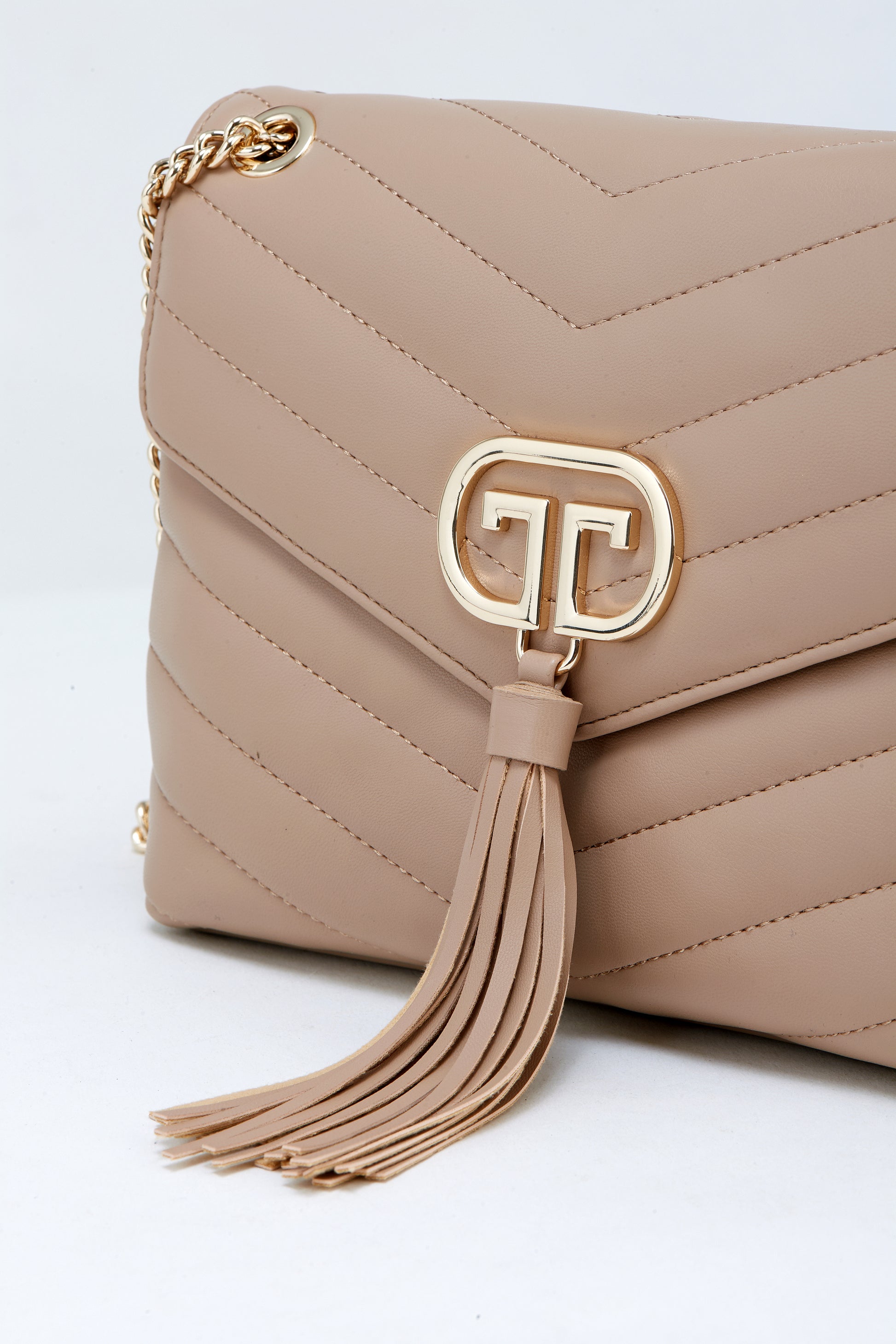 Beige Quilted Crossbody Bag with Gold Chain