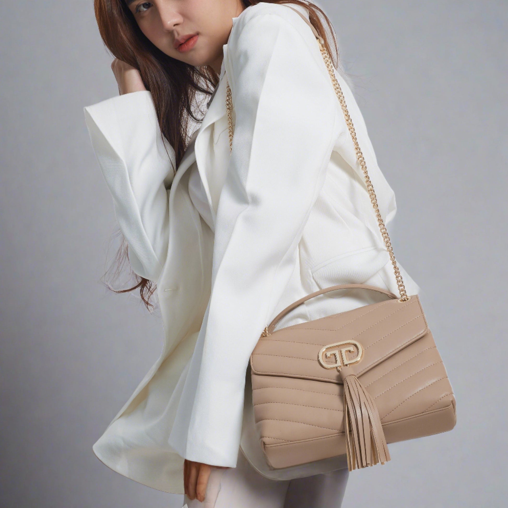 Beige Quilted Crossbody Bag with Gold Chain